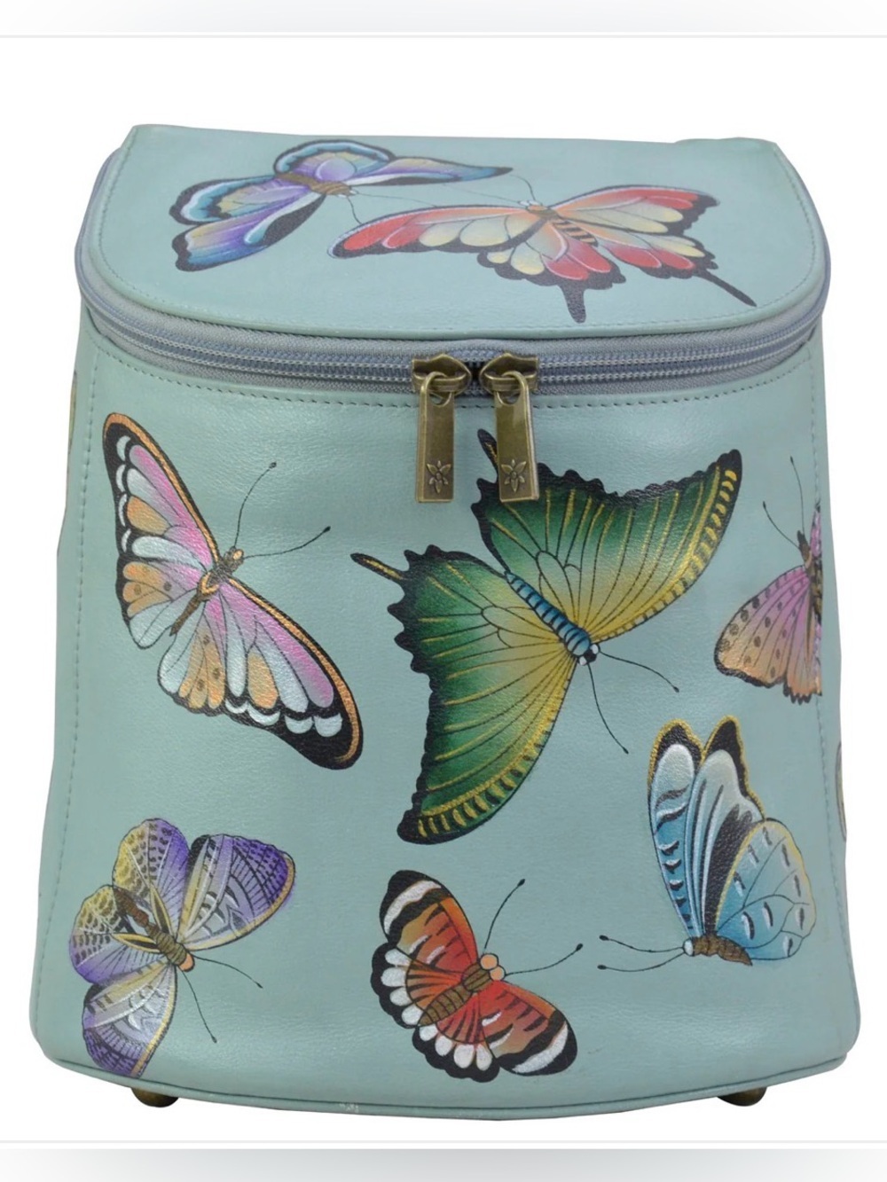 Anuschka Hand-Painted Genuine Leather Bucket Backpack Purse Blue Butterfly Bag